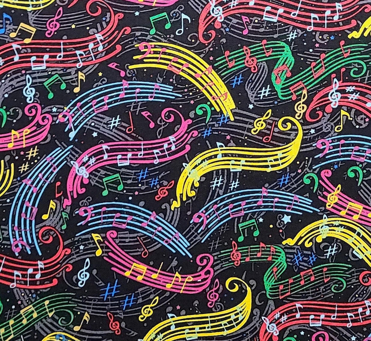 Black Fabric / Brightly Colored Sheet Music Print