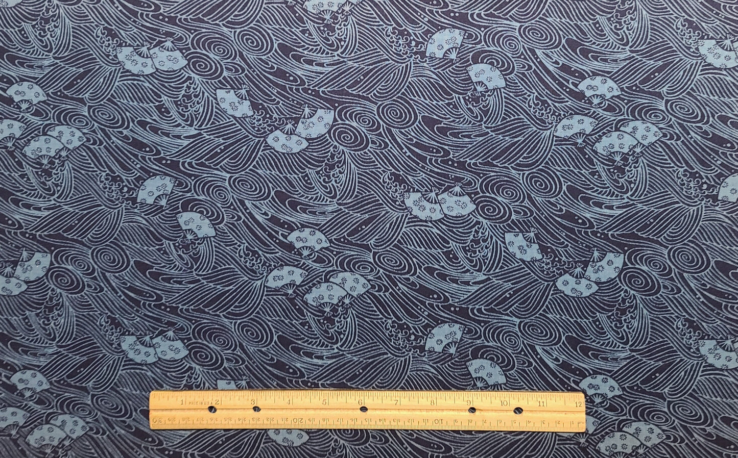 Sashiko Prints by RJR - Dark Blue Fabric / Light Blue Hand Fan and Scroll Print