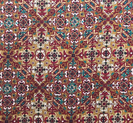 Canterbury Manor by Hoffman International Fabrics - Tan, Red, Green, White Medallion Print Fabric / Gold Metallic Accents