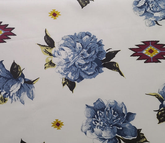 58" WIDE White Fabric / Slate Blue Flower / Purple, Gold Symbol - Selvage to Selvage Print