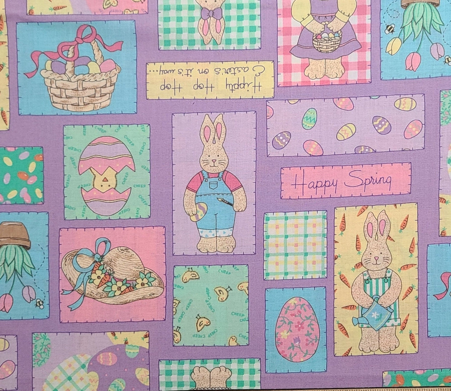 Light Purple Fabric / Happy Spring Applique Block Print