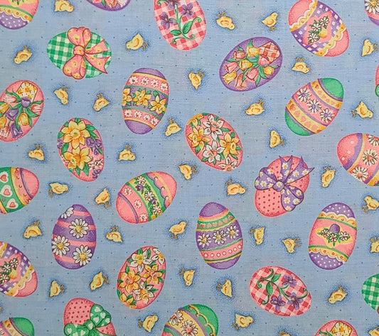 VIP Cranston Print Works - Pale Blue with Blue Dot Fabric / Chick and Easter Egg Print