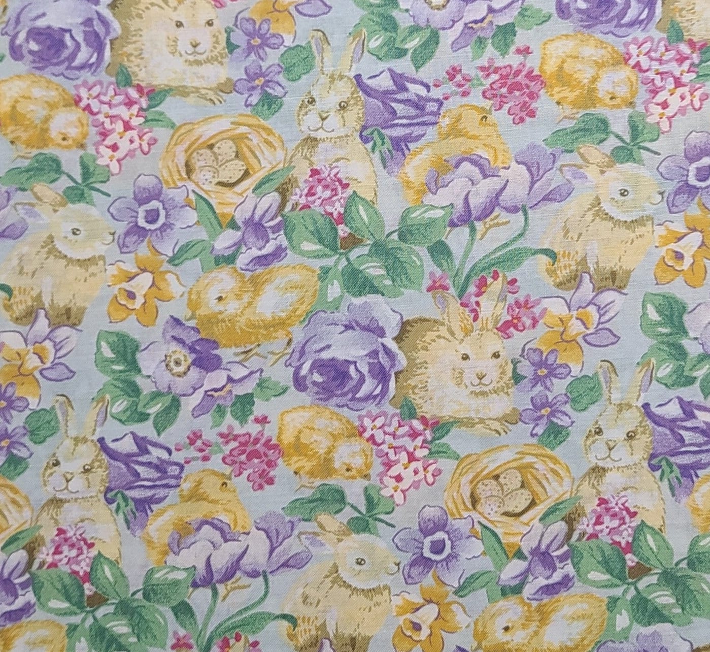 Concord Fabrics Inc - Pale Mint Fabric / Gold, Tan, Purple Easter Print / Bunny, Chicks, Flowers