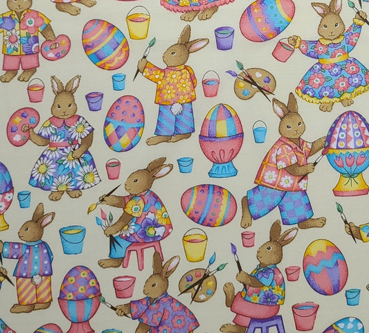 VIP Cranston Print Works - Cream Fabric / Pastel Easter Bunnies, Eggs Print