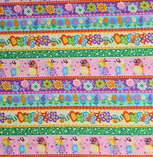 Bug A Boo by Fabri-Quilt Inc Design #9129 - Brightly Colored Border Stripe Print Fabric - Cartoon-Style Spring Print