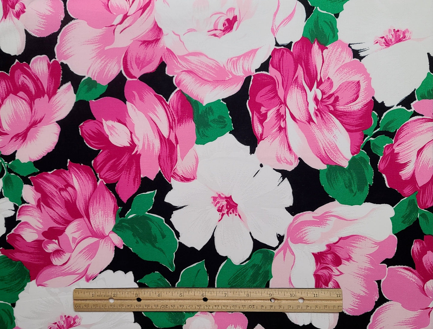 John Kaldor FCNA - Black Fabric / Giant Pink, White, Green Flower Print