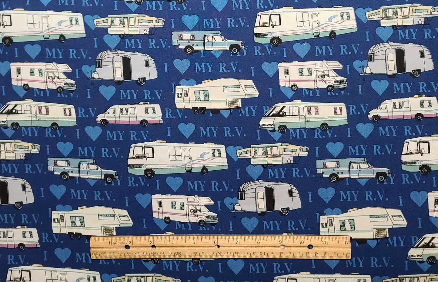 Fabric Traditions 2001 - Navy Blue Fabric with "I Love My RV" / Vintage RV Print