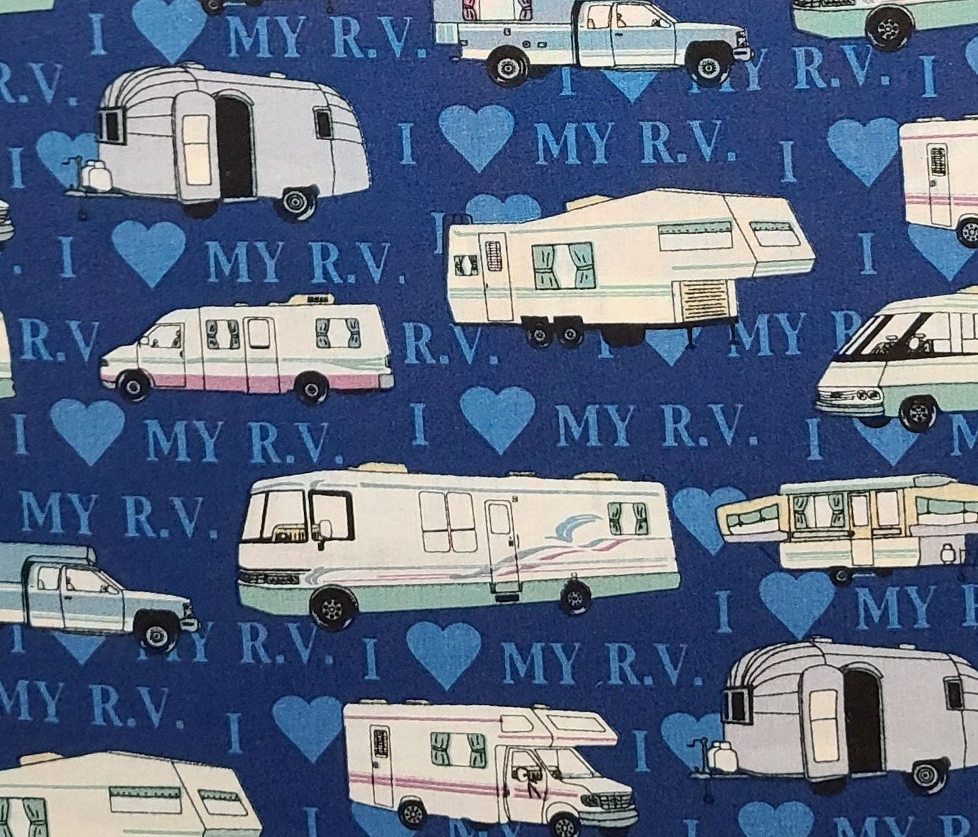 Fabric Traditions 2001 - Navy Blue Fabric with "I Love My RV" / Vintage RV Print