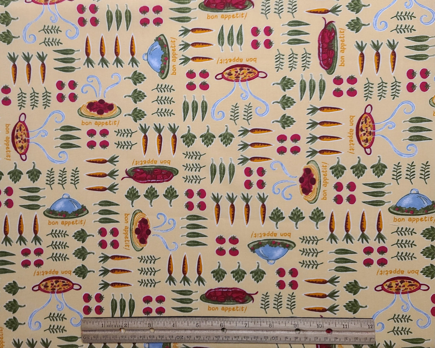 Daisy Kingdom #0155 Bone Appetite Veggies Jennifer Brinley for Springs - Gold Tonal Fabric / Red, Orange, Green Vegetables and Cooking Print