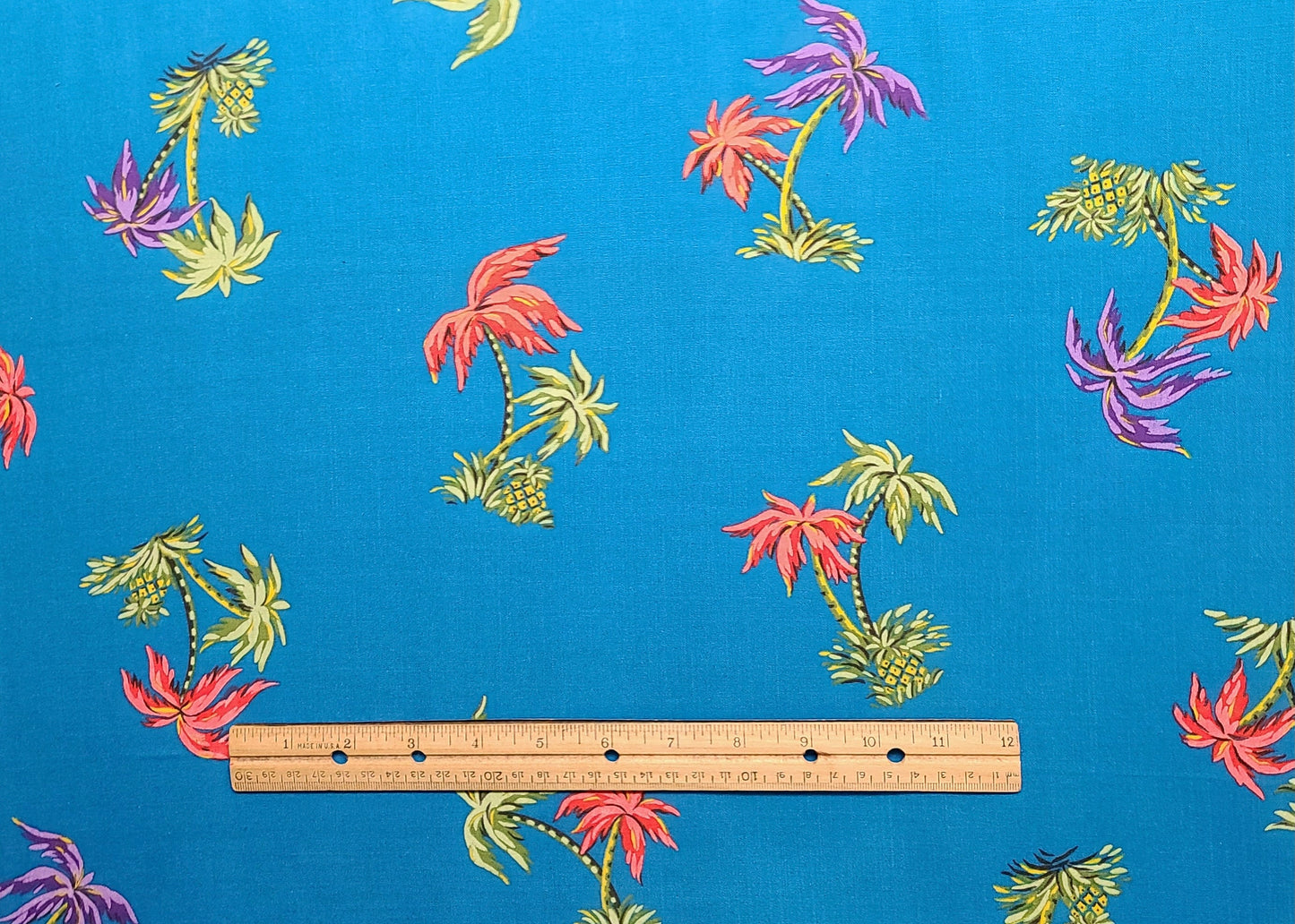 Teal Fabric / Purple, Coral, Green Palm Tree Print - Selvage to Selvage Print