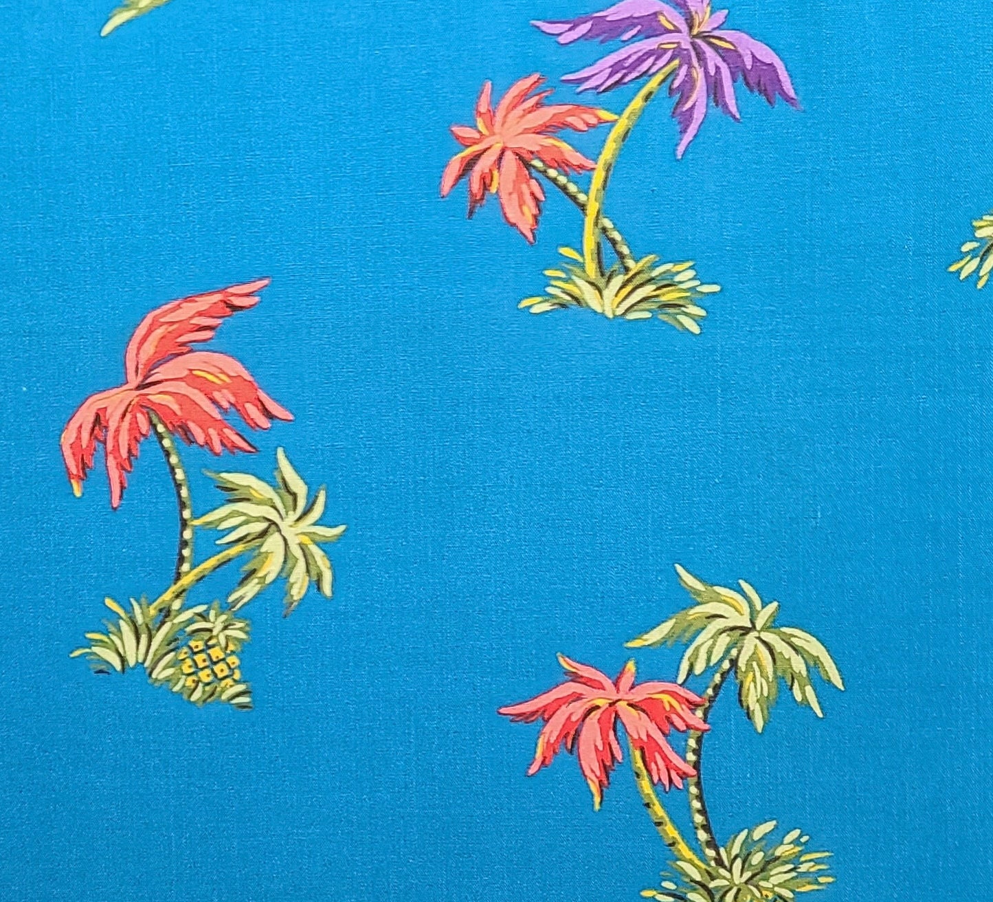 Teal Fabric / Purple, Coral, Green Palm Tree Print - Selvage to Selvage Print