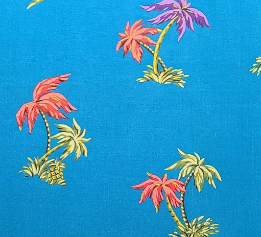 Teal Fabric / Purple, Coral, Green Palm Tree Print - Selvage to Selvage Print