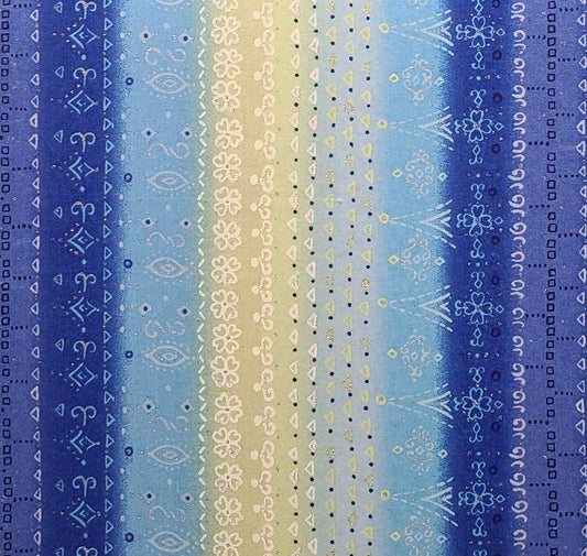 Fabric Traditions 2002 - Blue, Light Blue, Green Border Stripe Print Fabric / Silver Metallic Accents