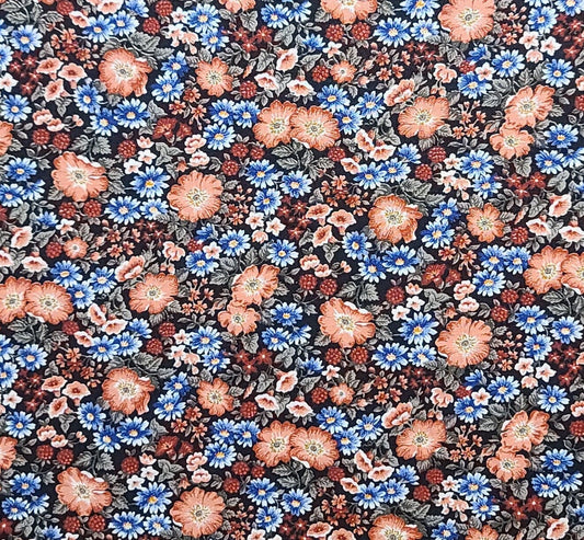 VIP Cranston Print Works - Black Fabric / Coral, Blue, White, Red Allover Packed Flower Print