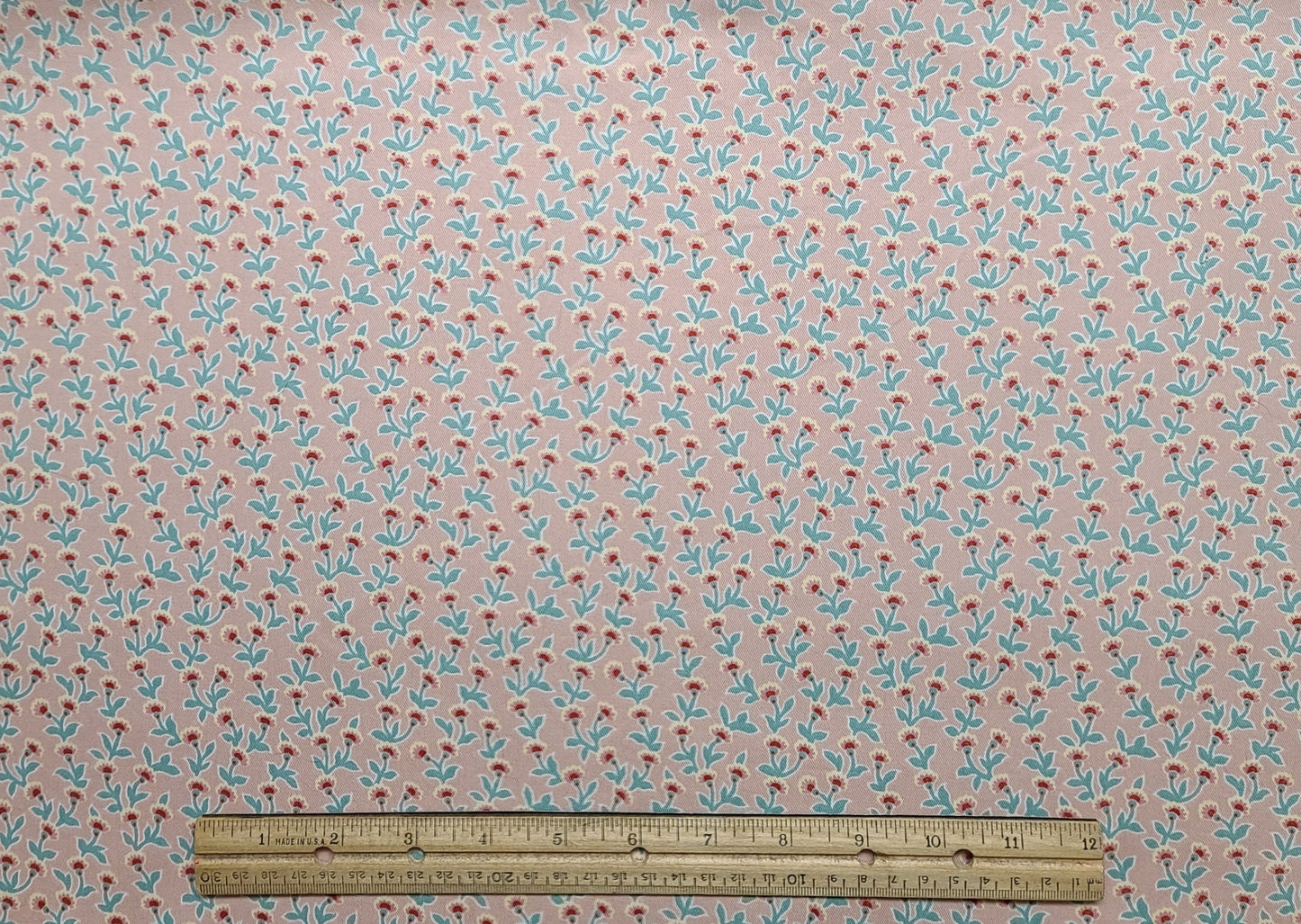 P Kaufmann - Light Salmon 54" WIDE Lightweight Denim Fabric / Dark Mint Green and Coral Flower Print