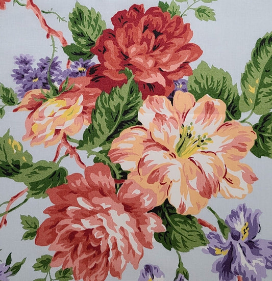 Wakefield Cyrus Clark Suburban Fabrics - Pale Blue 58" WIDE Polished Cotton Fabric / Giant Red, Coral, Purple Floral Print