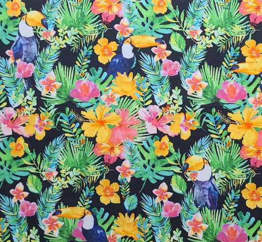 EOB - Tropicale for 3 Wishes Fabric - Black Fabric / Bright Yellow, Pink, Green, Blue Tropical Toucan and Flower Print