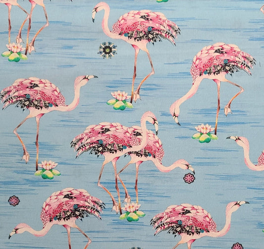 EOB - Kate Follows Portfolio Select Ltd for QT Fabrics - Light Blue Tonal Fabric / Pink, Blue, Green Flamingo Print