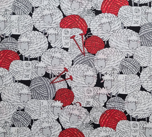 EOB - Timeless Treasures Fabrics of SoHo Patt#FUN-C3387 - Black Fabric / Red, White, Gray Cartoon Knitting Sheep / Balls of Wool