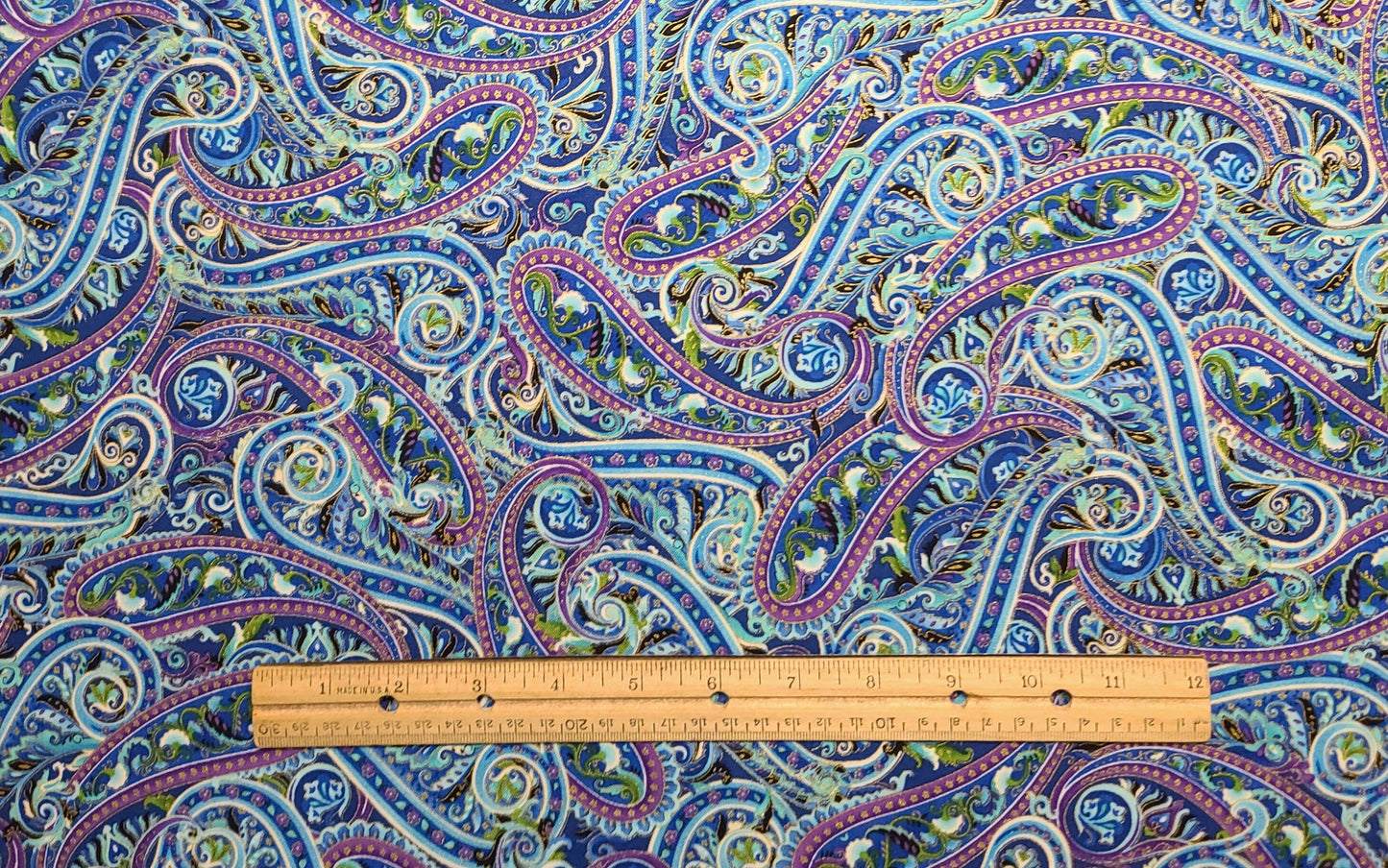 EOB - Patt#7638 - Blue Fabric / Purple, Light Blue, White, Green Paisley Print / Gold Metallic Accents