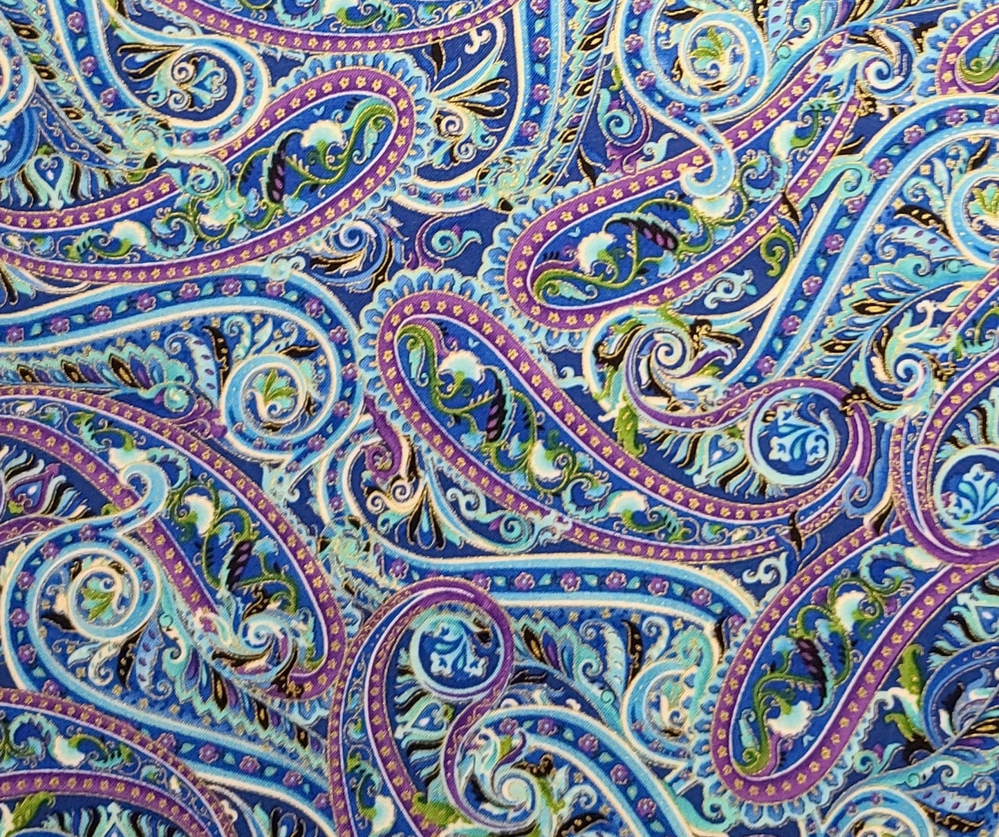 EOB - Patt#7638 - Blue Fabric / Purple, Light Blue, White, Green Paisley Print / Gold Metallic Accents