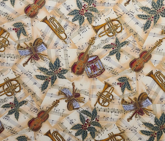 Boughs of Holly Hoffman International Fabrics - Yellow and Gold Tonal Fabric / Music Instruments, Sheet Music, Holly / Gold Metallic Accents