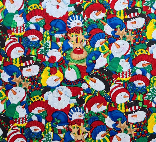 KidStuff Snowflakes Cheri L Strole SSI - Brightly Colored Allover Snow People Print Fabric / Reindeer, Snowmen, Snow Santa