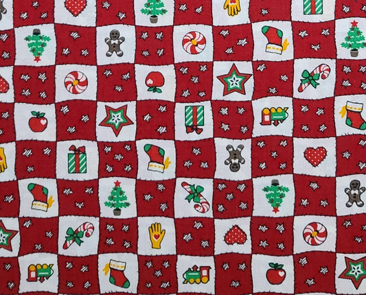 Red and White Check Fabric / Star and Christmas Symbols Block Print Fabric