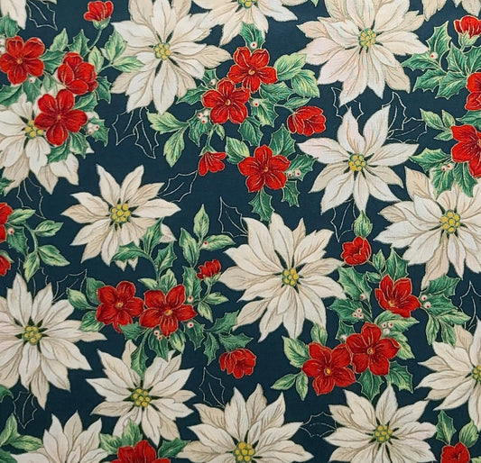 VIP Cranston Print Works 2004 - Dark Green Fabric / White Poinsettia, Red Flower, Holly Print