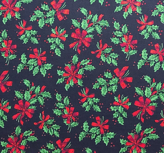 VIP Cranston Print Works - Black Fabric / Green Holly, Red Holly Berry and Ribbon Print