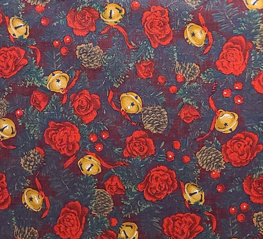 The Alexander Henry Collection - Maroon Fabric / Red Rose, Gold Bell, Pinecone Print