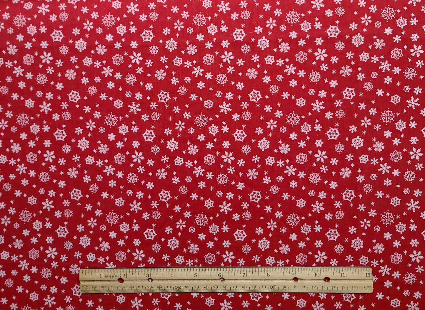 Red Fabric / White Snowflake Print - Selvage to Selvage Print