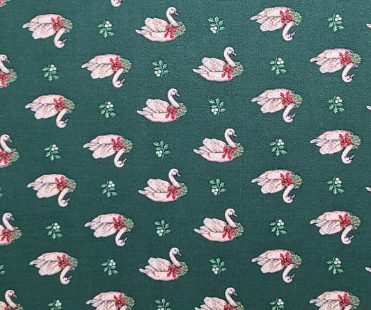 Dark Green Fabric / Christmas Swan Print / Red Ribbon / White Holly Print - Selvage to Selvage Print