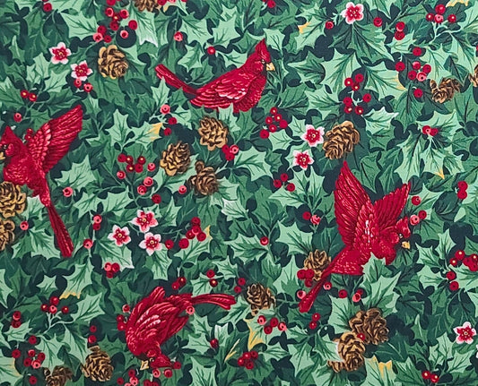 VIP Cranston Print Works - Green Tonal Holly Print Fabric / Red Cardinal / Pinecone Print