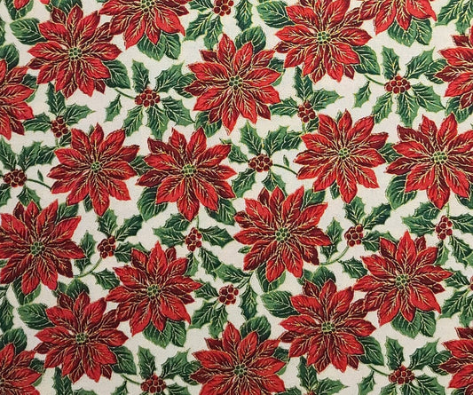 Timeless Treasures Fabrics Inc Patt#XMAS-C8150 - Cream Fabric / Red, Green, Poinsettia and Holly Print / Gold Metallic Accents