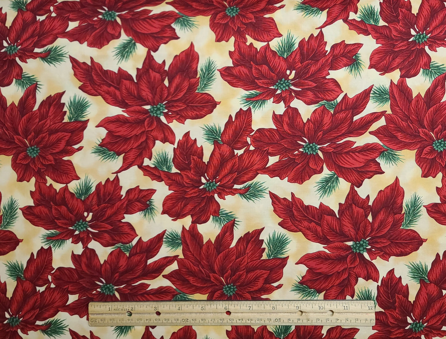 Winter Wonderland Style #B886 by Hoffman California International Fabrics - Tan and Cream Tonal Fabric / Red, Green Large Poinsettia Print