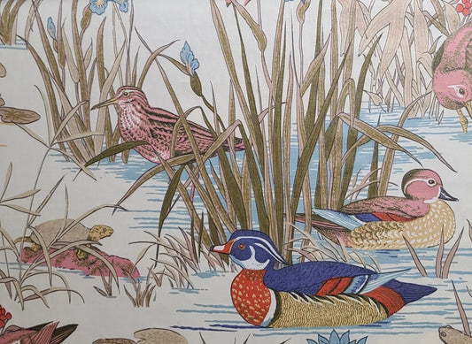 Vintage 36" WIDE Soft White Fabric / Pink, Blue, Tan Duck, Bird, Frog, Turtle Print