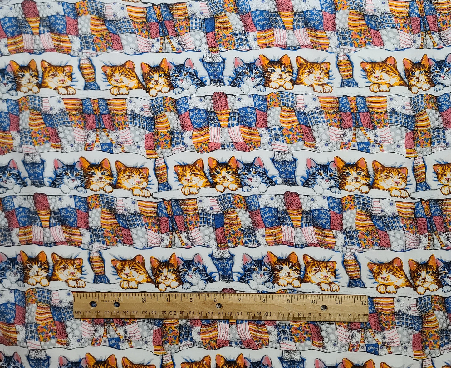 Slumber Kittens by Joe Boxer 1994 - White, Pink, Blue, Gold, Black Kittens with Patchwork Quilts Print Fabric