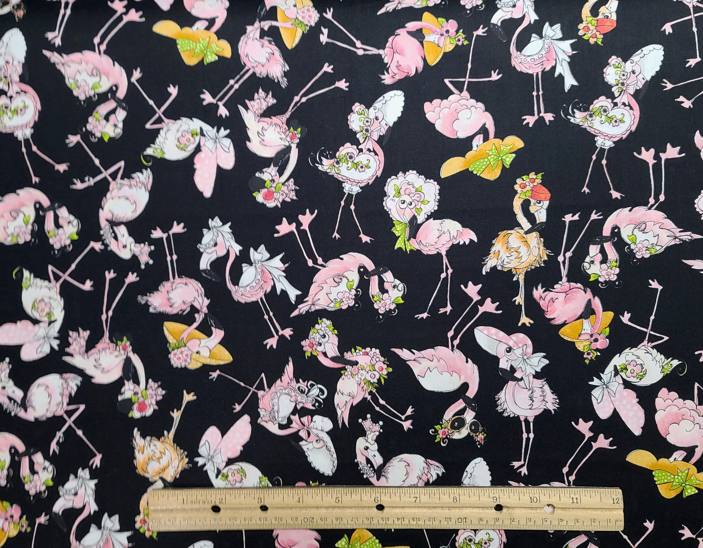 Tossed Flams Loralie Harris for Loralie Designs - Black Fabric / Pink Cartoon-Style Fancy Flamingo Print