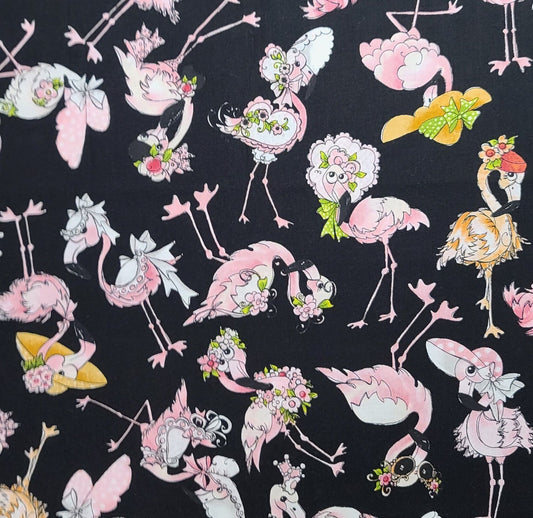 Tossed Flams Loralie Harris for Loralie Designs - Black Fabric / Pink Cartoon-Style Fancy Flamingo Print