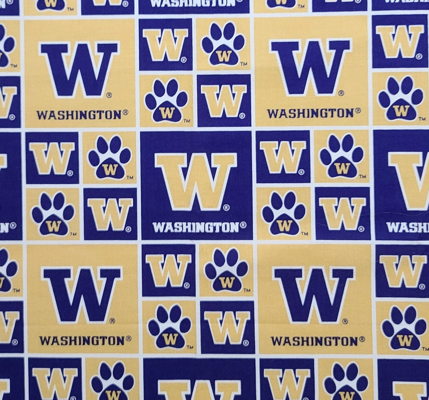 EOB - Sykel Ent Fabrique Innovations Pattern WA020 Licensed to University of Washington - Purple, White, Gold Block Fabric / UW, Paw Print