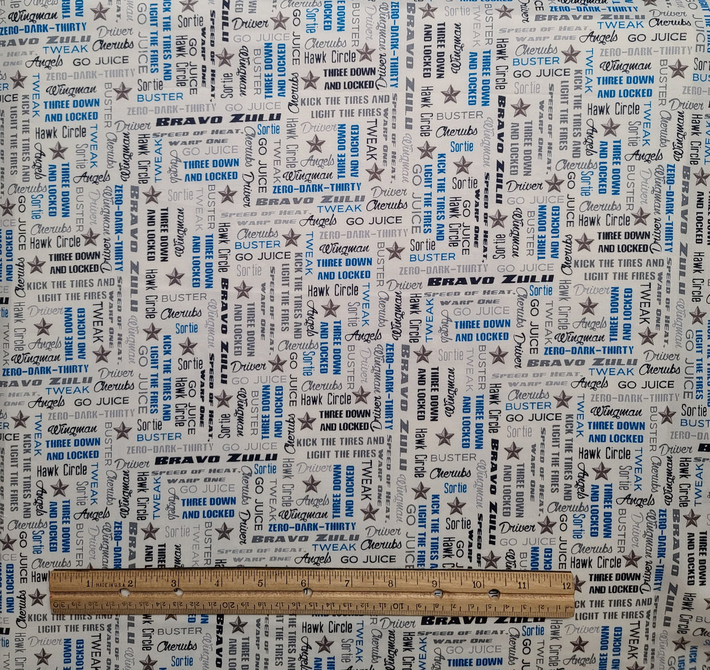 EOB - Quilting Treasures Smithsonian - White Fabric / Blue, Dark Blue, Gray Military Jargon Print