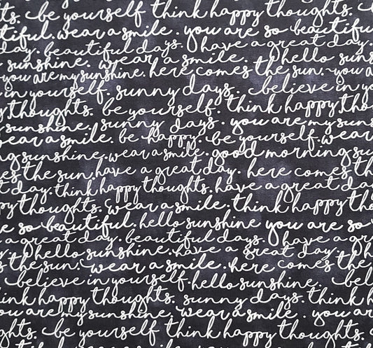 Timeless Treasures Fabrics of SoHo Patt#GAIL-C5495 - Black Fabric / White Cursive Inspirational Script Pattern