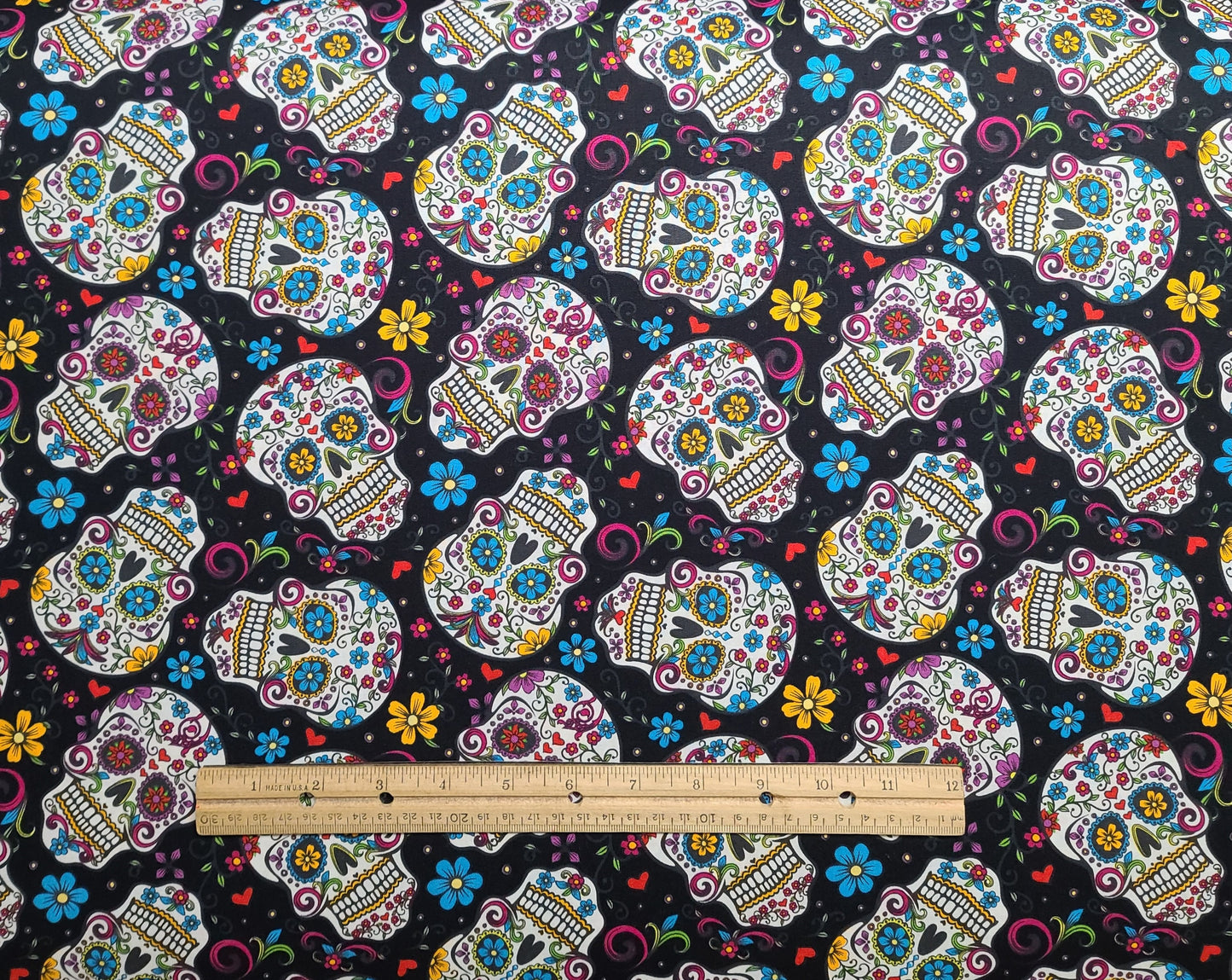 David Textiles Inc - Black Fabric / White Dia de Los Meurtos Print Fabric / Brightly Colored Flowers