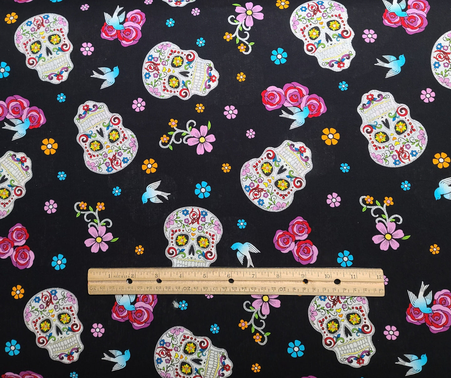 David Textiles Inc - Black Fabric / White Dia de Los Meurtos Print Fabric / Brightly Colored Flower & Bluebird Print / Silver Glitter Accent