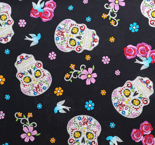 David Textiles Inc - Black Fabric / White Dia de Los Meurtos Print Fabric / Brightly Colored Flower & Bluebird Print / Silver Glitter Accent