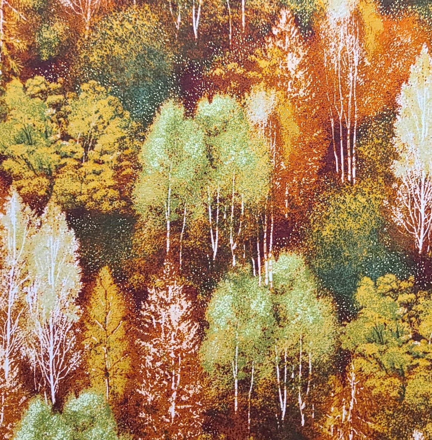 Shades of the Season Design #16040 for Robert Kaufman - Rust, Brown, Green, Gold, White Tree Print Fabric