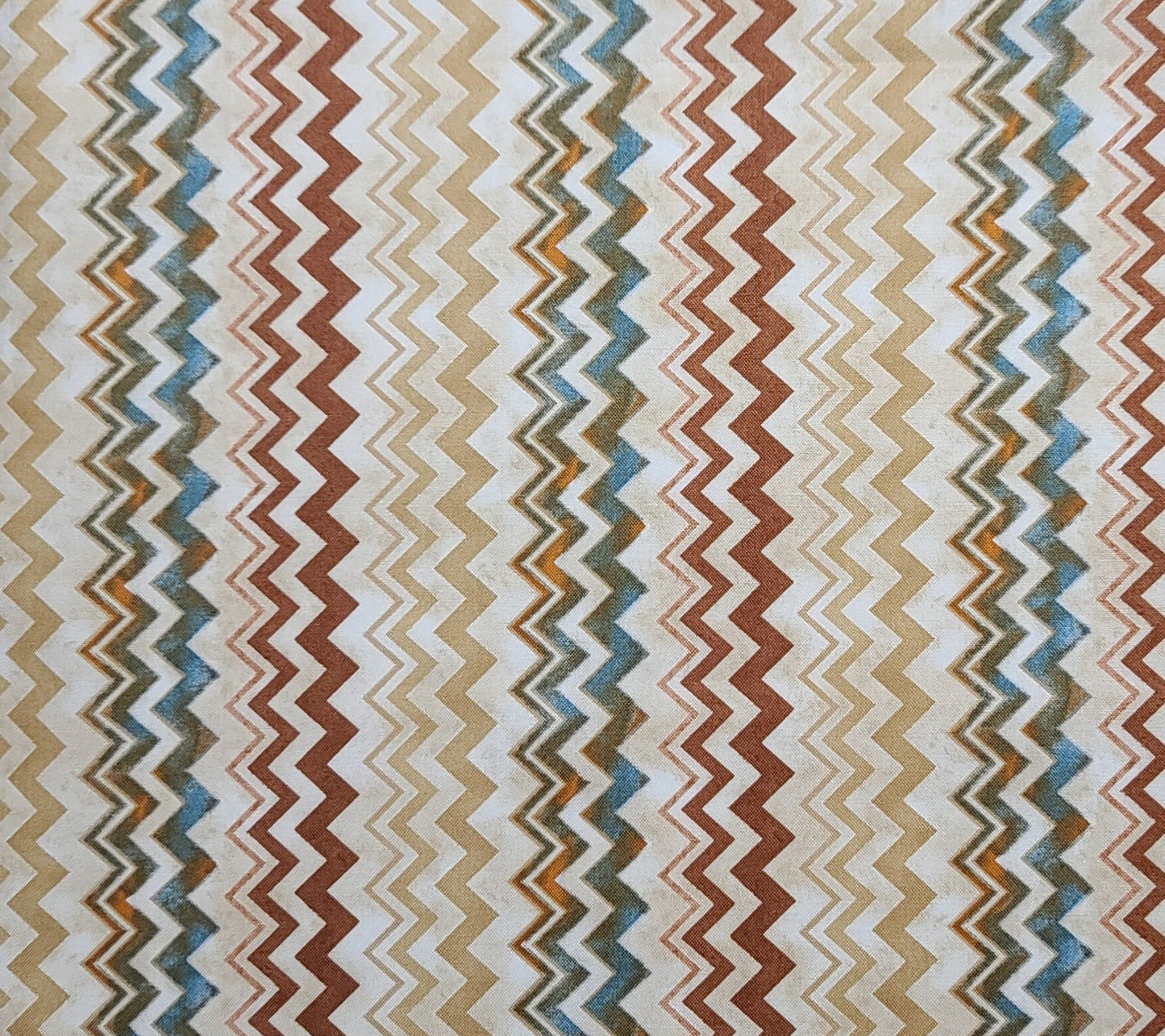 Studio 8 Quilting Treasures - Cream, Tan, Rust, Turquoise Zig Zag Border Stripe Print