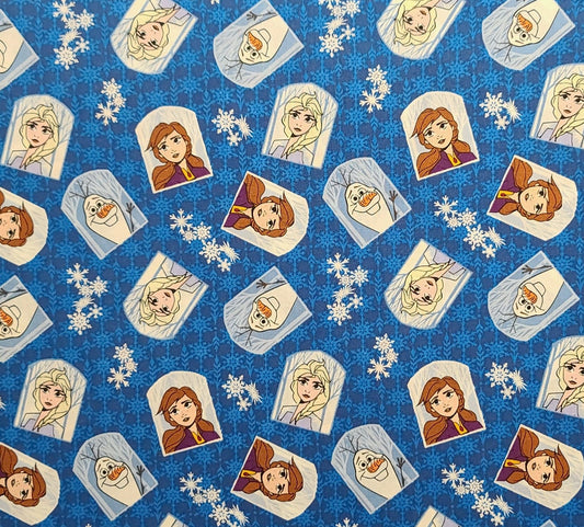 CP70124 Frozen 2 Character Badges Disney for Springs Creative Products Group 2019 - Dark Blue Fabric / Blue and Snowflake Background