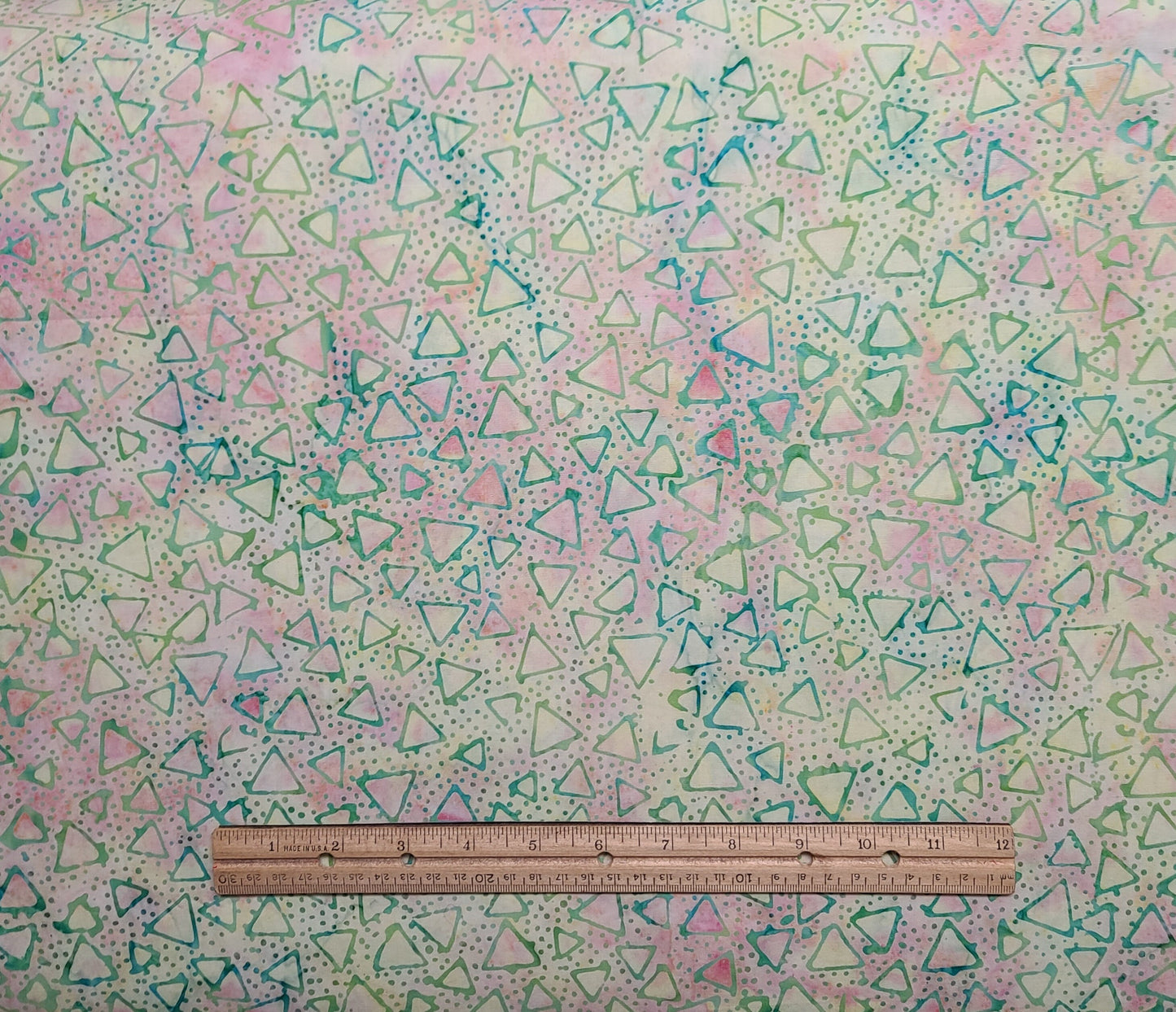 BATIK - Pale Green, Yellow, Pink Patterned Fabric / Green Triangle and Spot Tjap